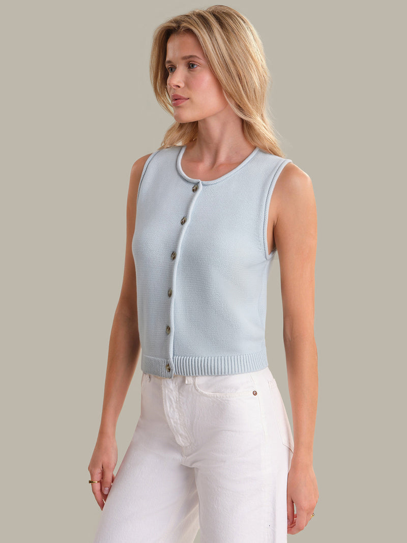 Ella: Cotton Button Front Sweater Vest - Arctic Ice