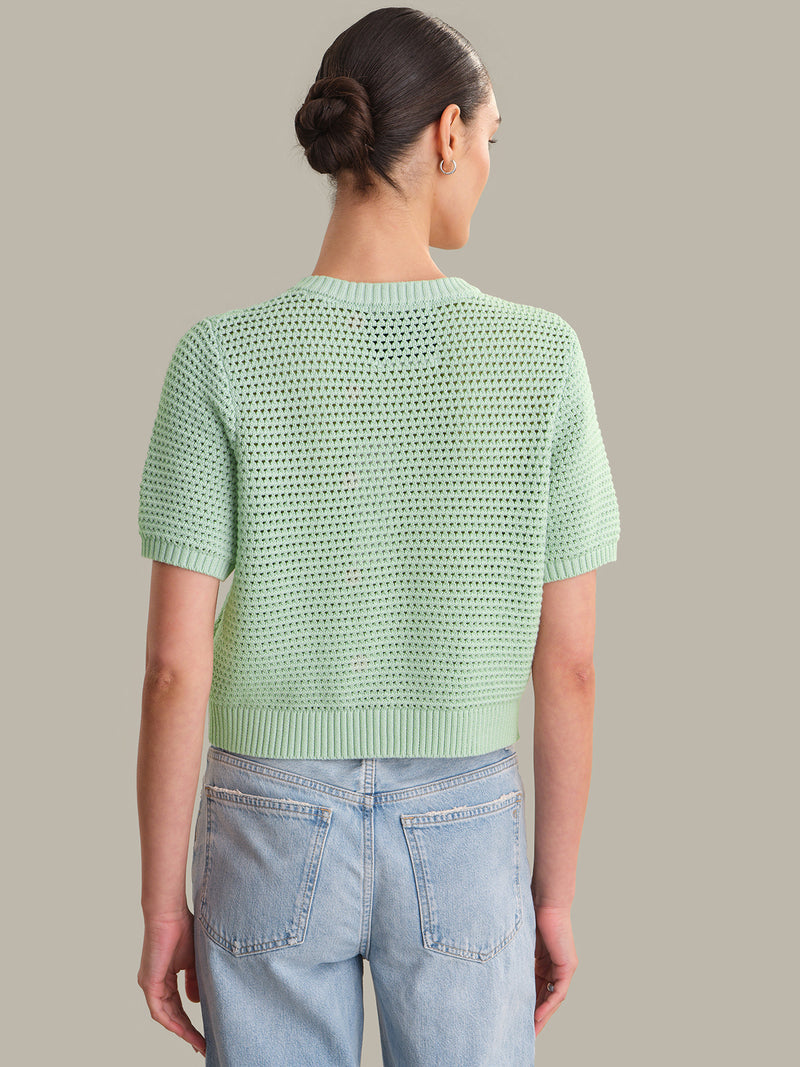 Celine: Cotton Cropped Pointelle Cardigan - Silt Green