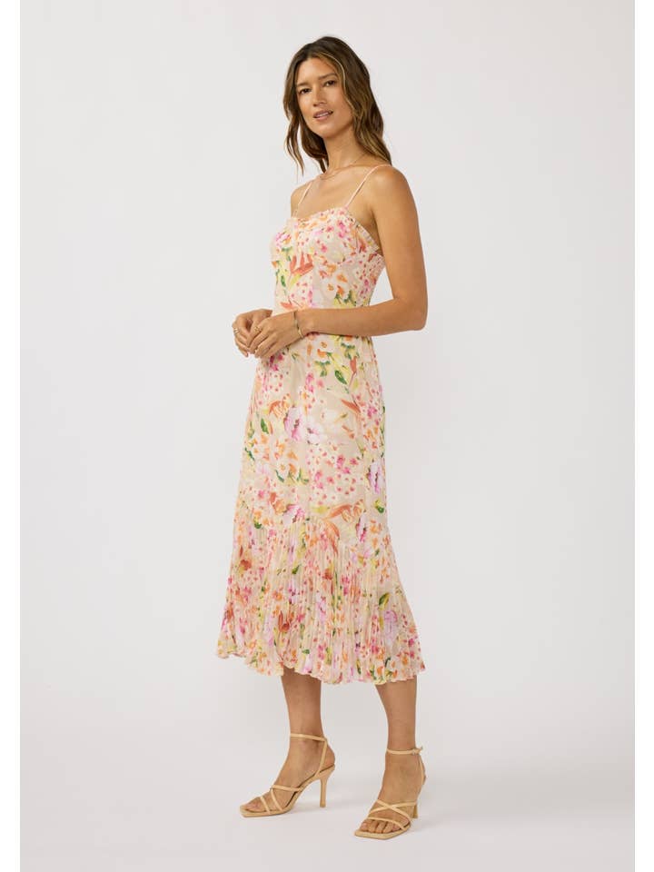 Spaghetti Strap Pleated Hem Floral Midi Dress
