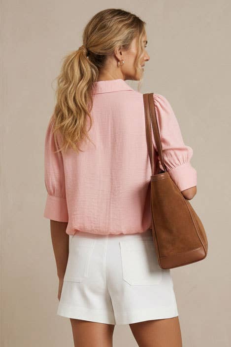 Bubble Hem Short Sleeve Top - English Peach