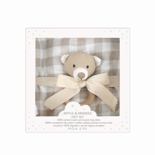 Gingham Muslin Swaddle & Rattle Set