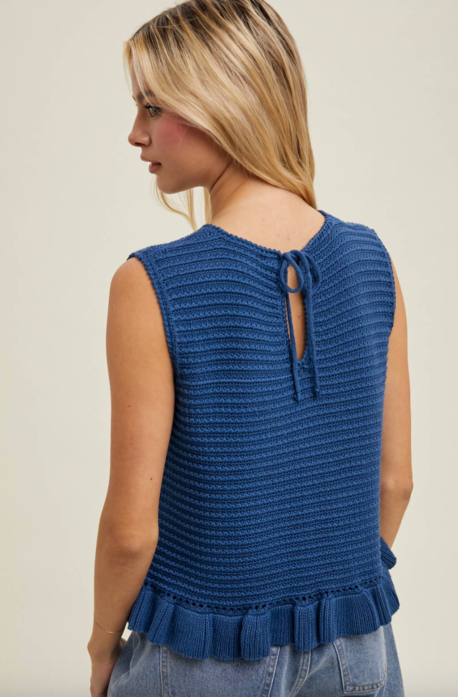 Textured Ruffle Hem Sweater Tank Top - Navy