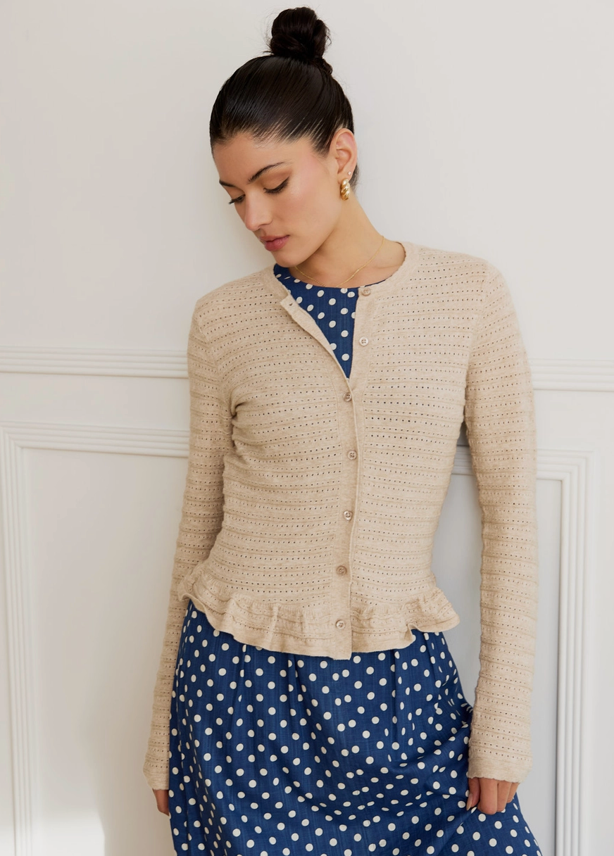 Pointelle Knit Long Sleeve Button Down Ruffled Top