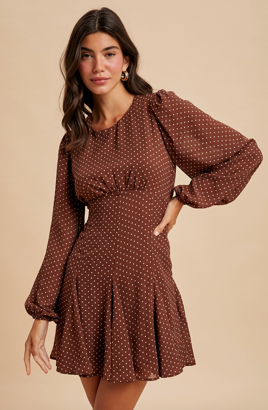 Chocolate Polka Dot Flared Mini Dress