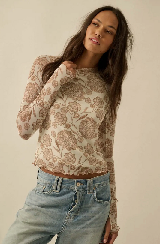 Floral Print Mesh Mock Neck Top