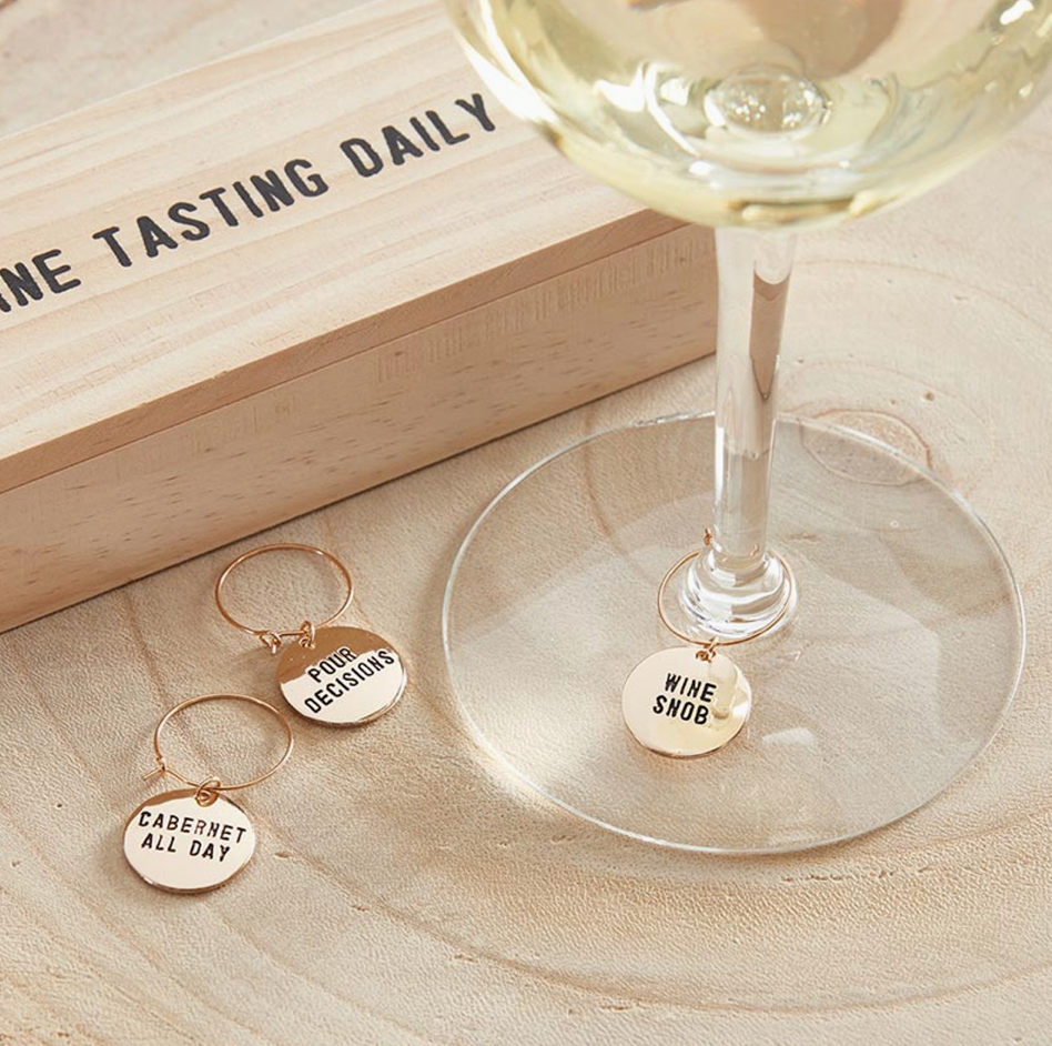 Gold Wine Charms In Pine Box - Wine tasting Daily