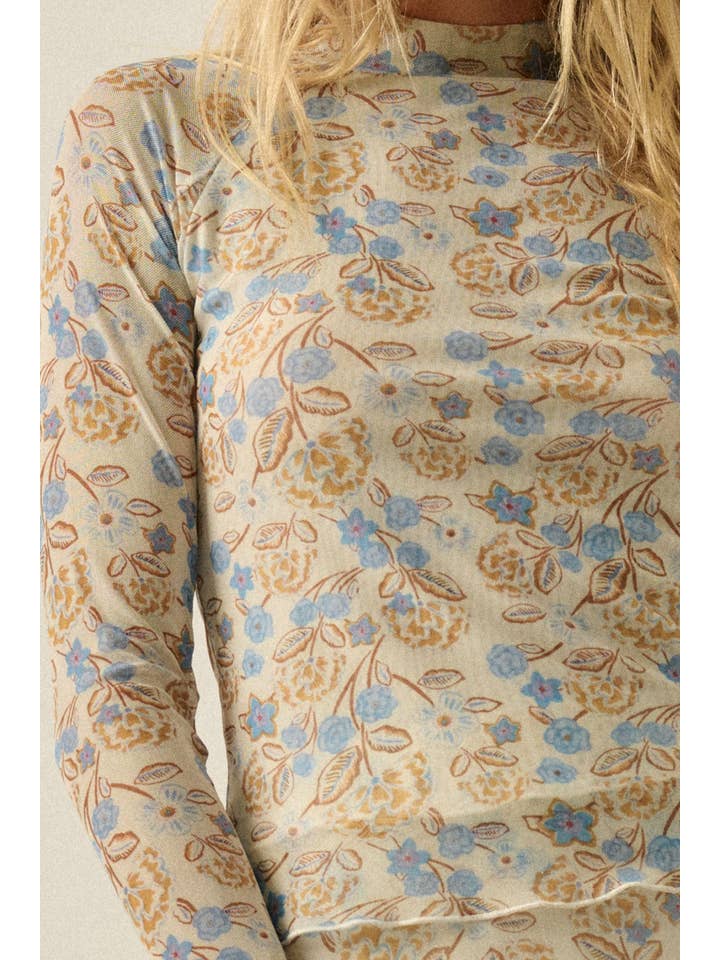 Floral Mesh Mock-Neck Long-Sleeve Thumbhole Top Cream/Blue