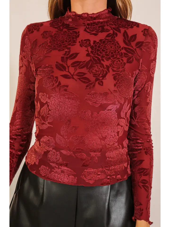 Floral Burnout Velvet Mock Neck Top