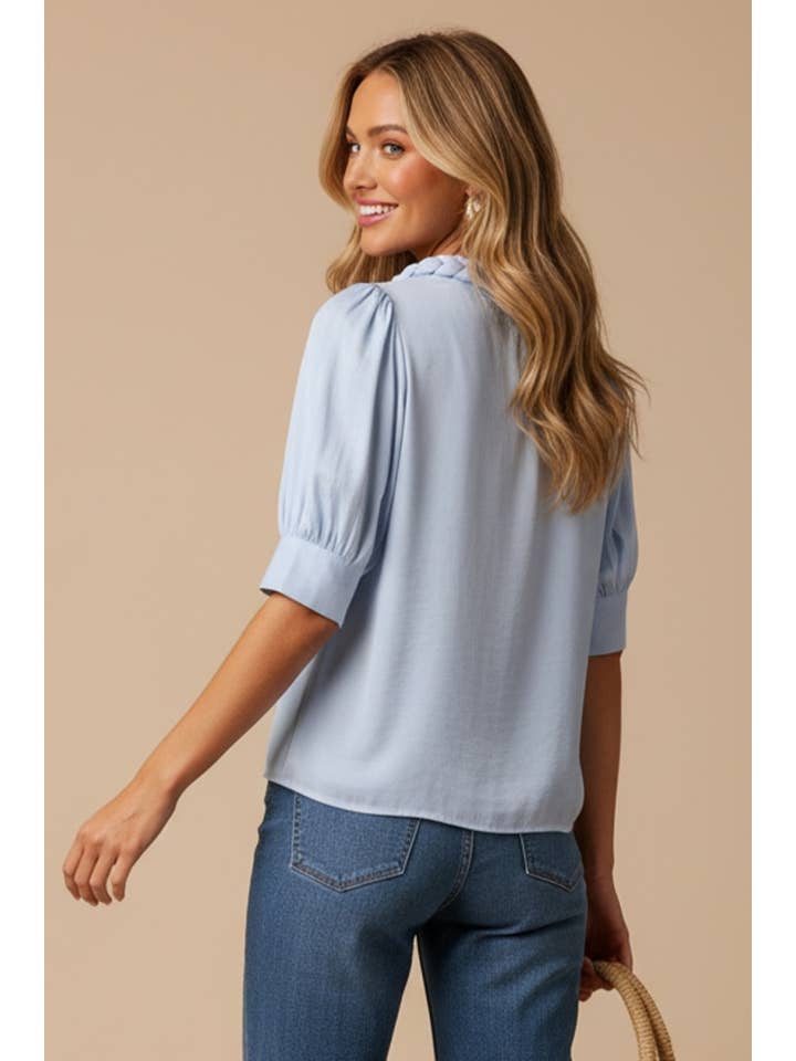 Half Sleeve Braided Detail Blouse - Sky Blue