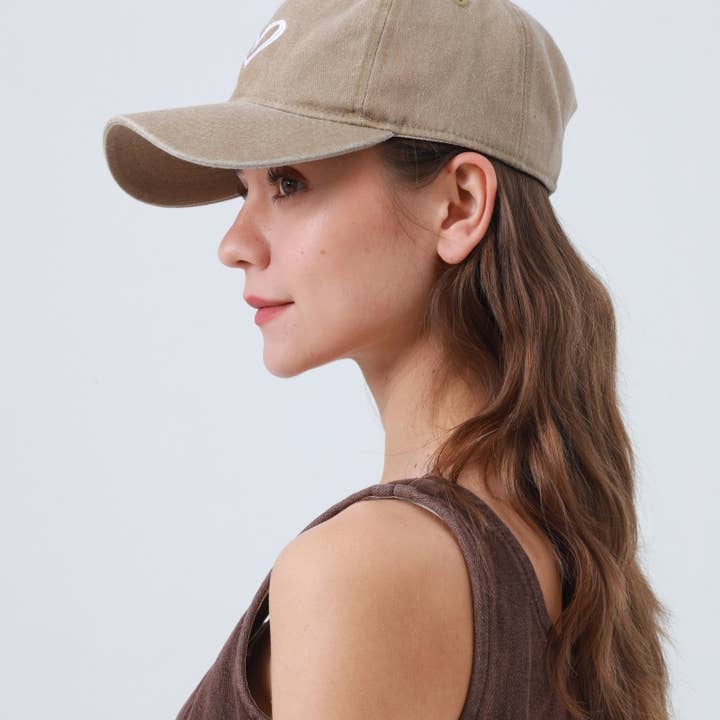 Washed Heart Embroidered Baseball Cap: Soft Adjustable Hat - Mocha