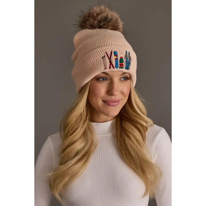 Ski Embroidered Knit Pom Hat