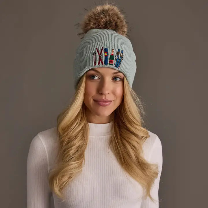 Ski Embroidered Knit Pom Hat