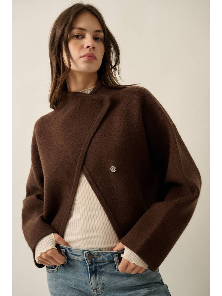 Snap-Front Wrap Sweater Jacket - Chocolate