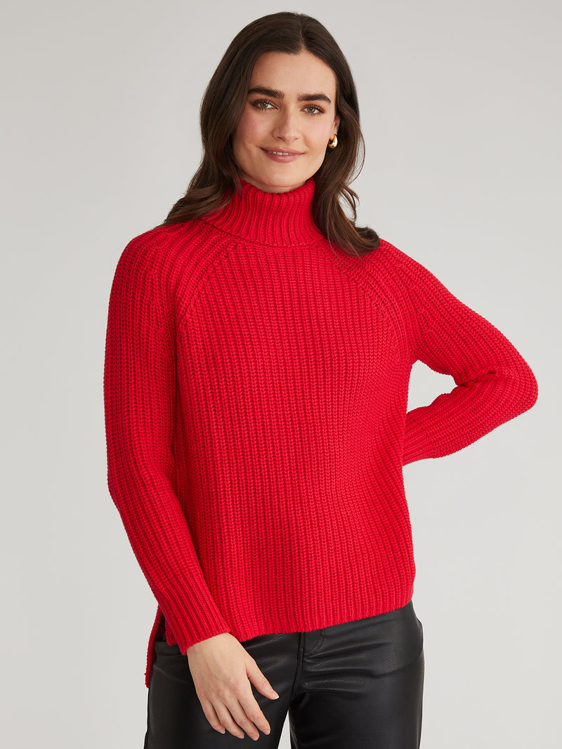 Stella: 100% Cotton Shaker Turtleneck Tunic - Cherry Red