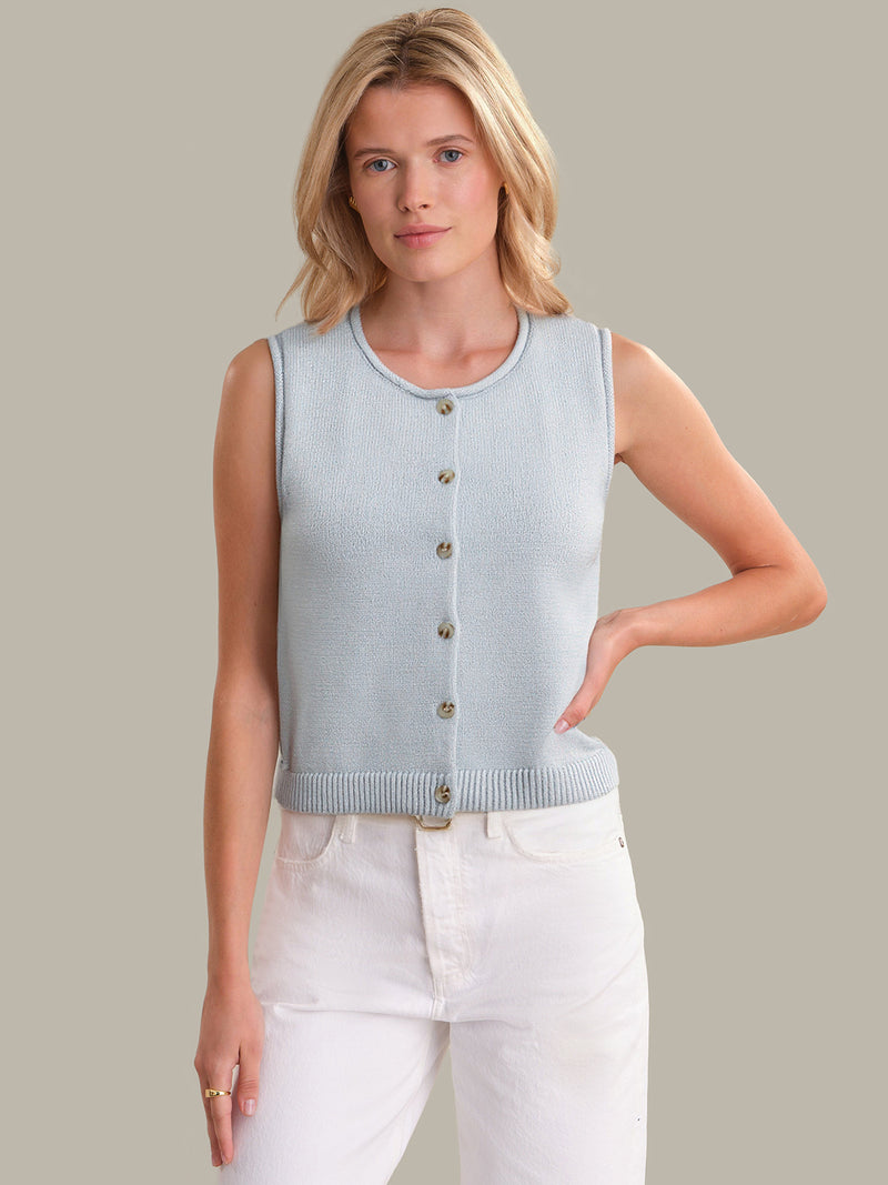 Ella: Cotton Button Front Sweater Vest - Arctic Ice