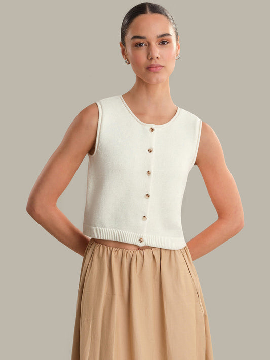 Ella: Cotton Button Front Sweater Vest - Chalk