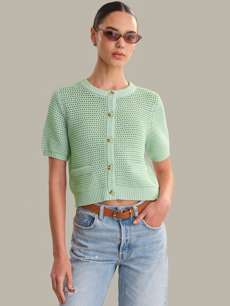 Celine: Cotton Cropped Pointelle Cardigan - Silt Green