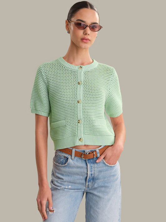 Celine: Cotton Cropped Pointelle Cardigan - Silt Green