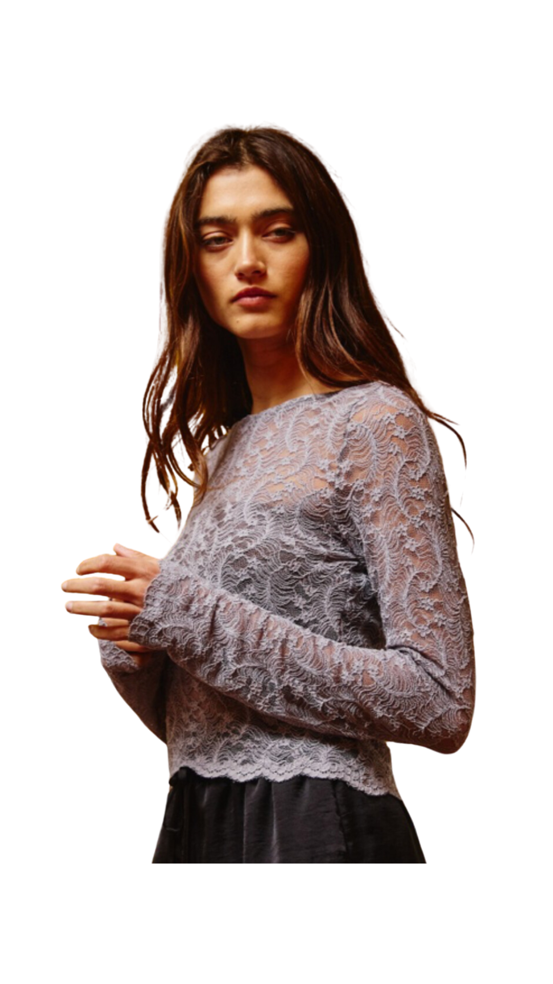 Grey Boat Neck Scallop Hem Lace Top