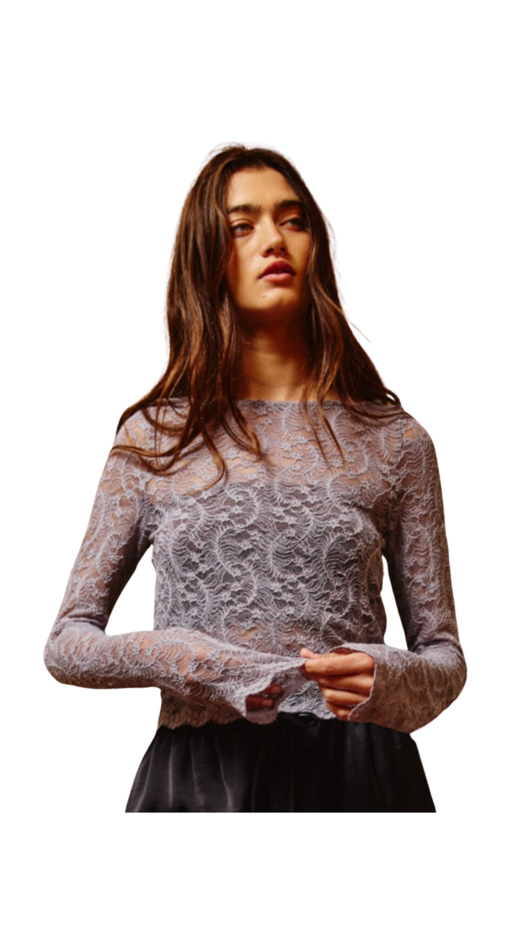 Grey Boat Neck Scallop Hem Lace Top