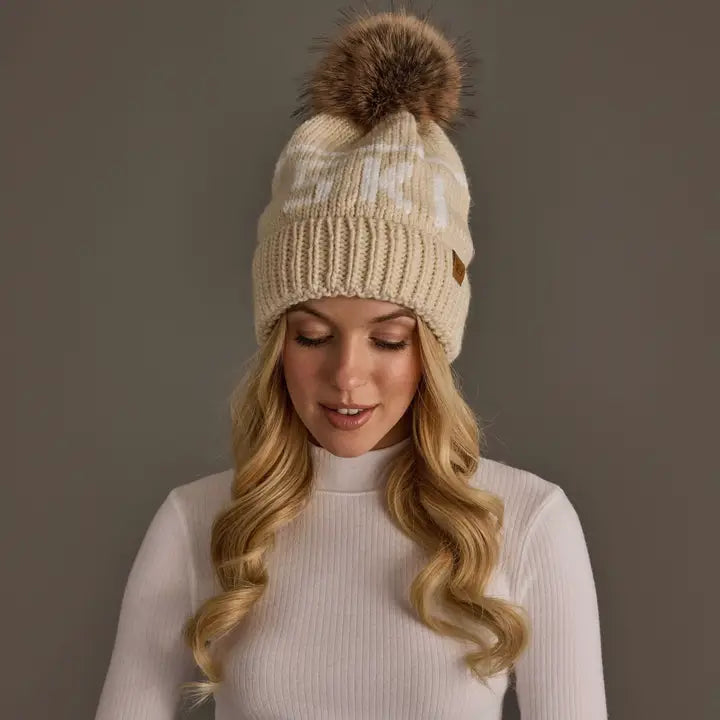 Ski Pom Hat - Light Tan & Ivory
