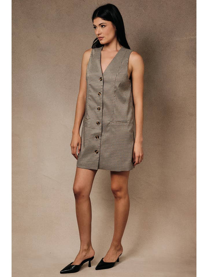 Tailored Houndstooth Button-Front V-Neck Mini Shift Dress
