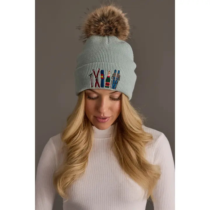 Ski Embroidered Knit Pom Hat