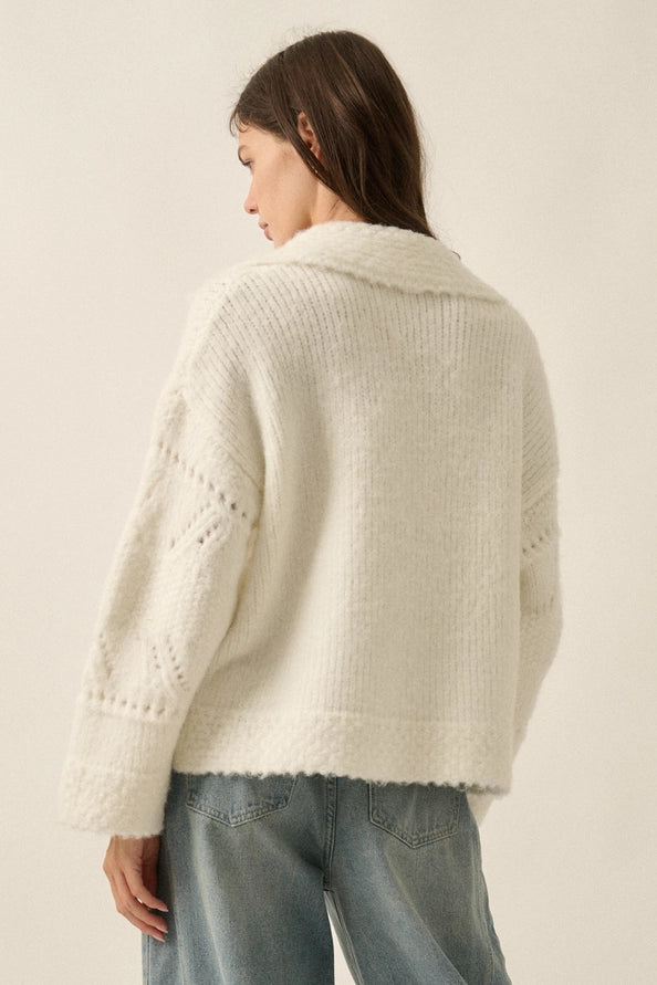 Fuzzy Pointelle Knit Collared Split-Neck Sweater Cream