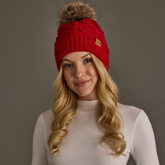 Cable Knit Pom Hat - Red