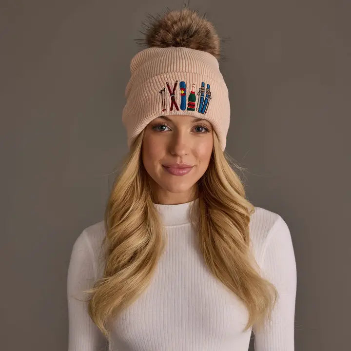 Ski Embroidered Knit Pom Hat