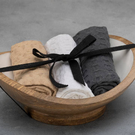 Gift Set - Mini Wooden Serving Bowl With 3 Dish Towels