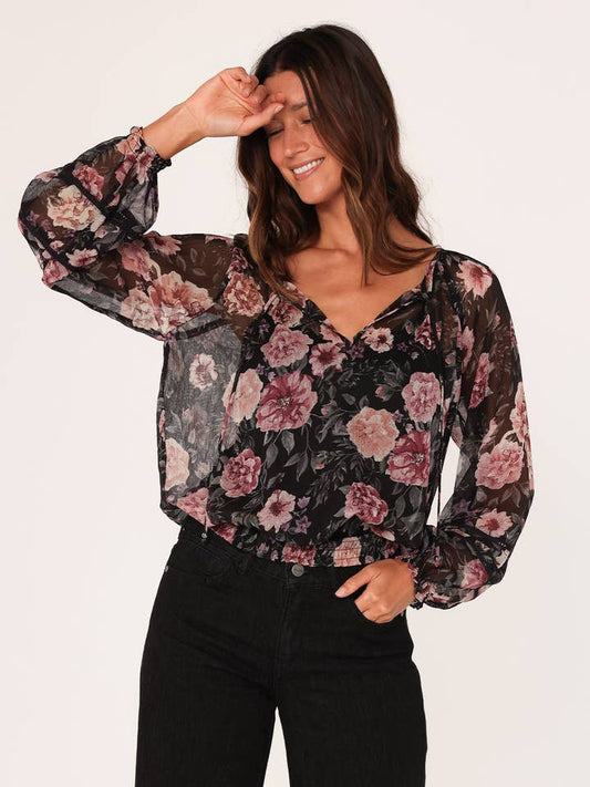 Sheer Floral Smocked Tie Neck Blouse