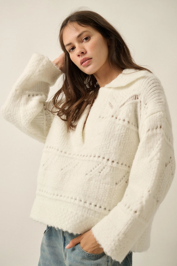 Fuzzy Pointelle Knit Collared Split-Neck Sweater Cream