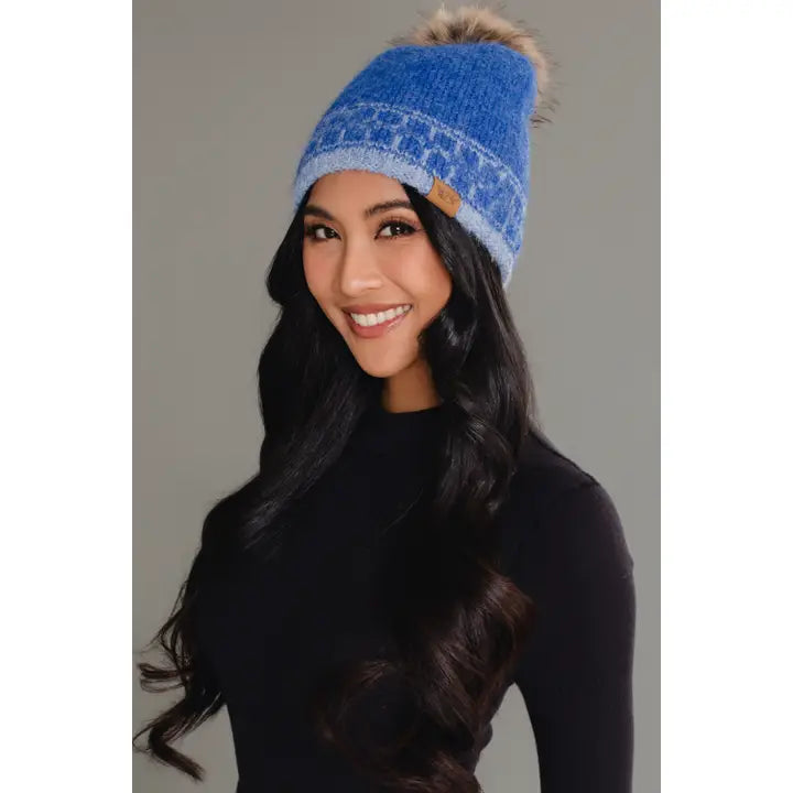 Geometric Patterned Knit Pom Hat