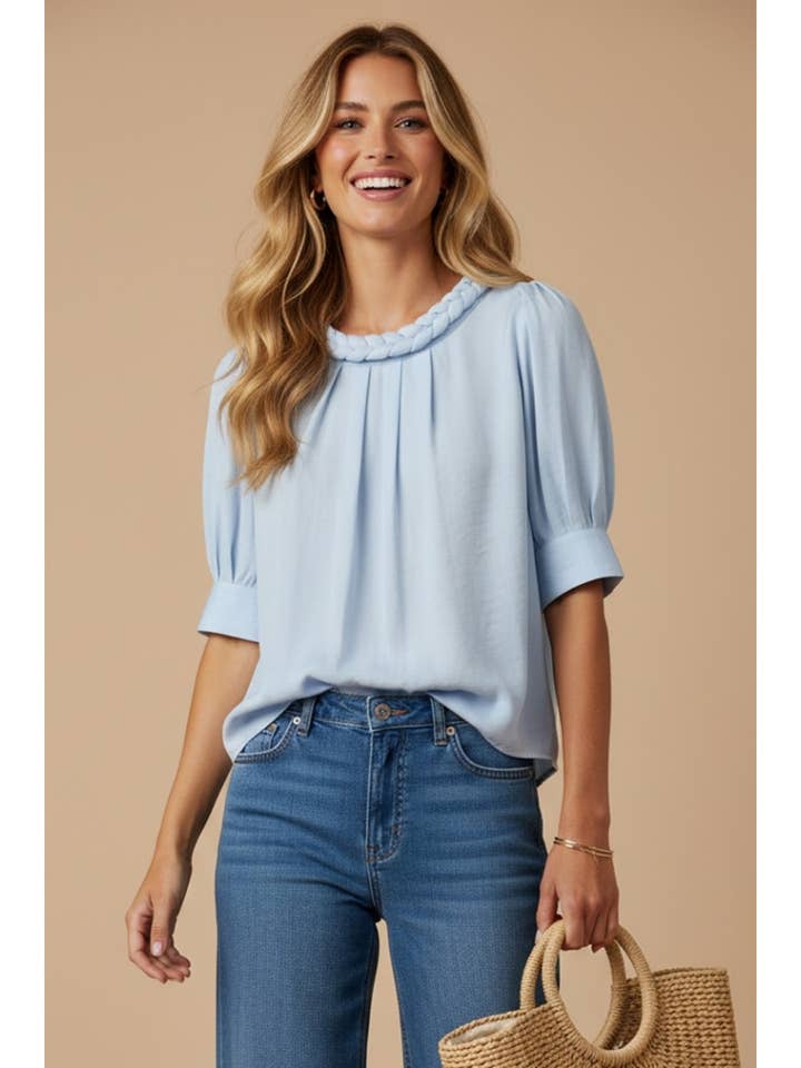 Half Sleeve Braided Detail Blouse - Sky Blue