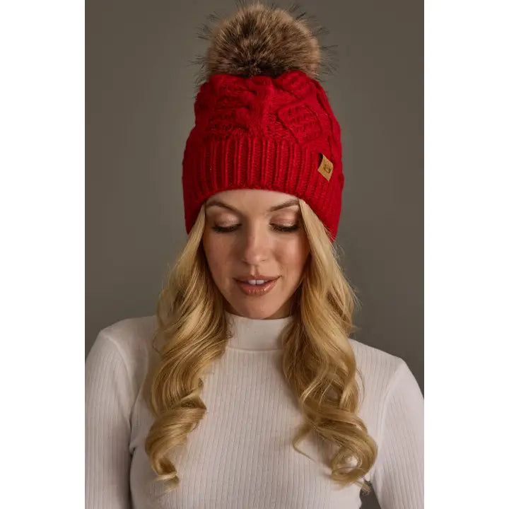 Cable Knit Pom Hat - Red