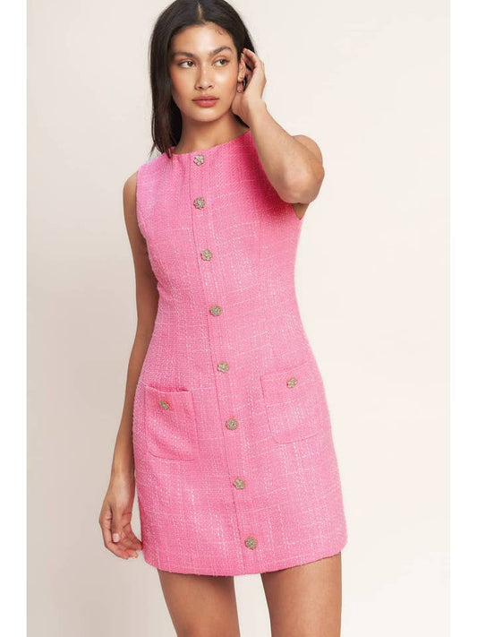Bubblegum Pink Embellished Button Down Tweed Dress