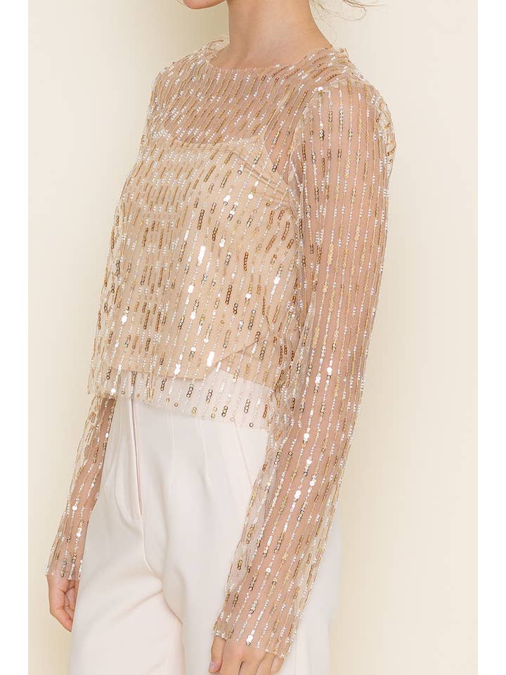 Chic Gold Intricate Beaded Mesh Long Sleeve Top
