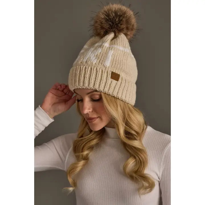 Ski Pom Hat - Light Tan & Ivory