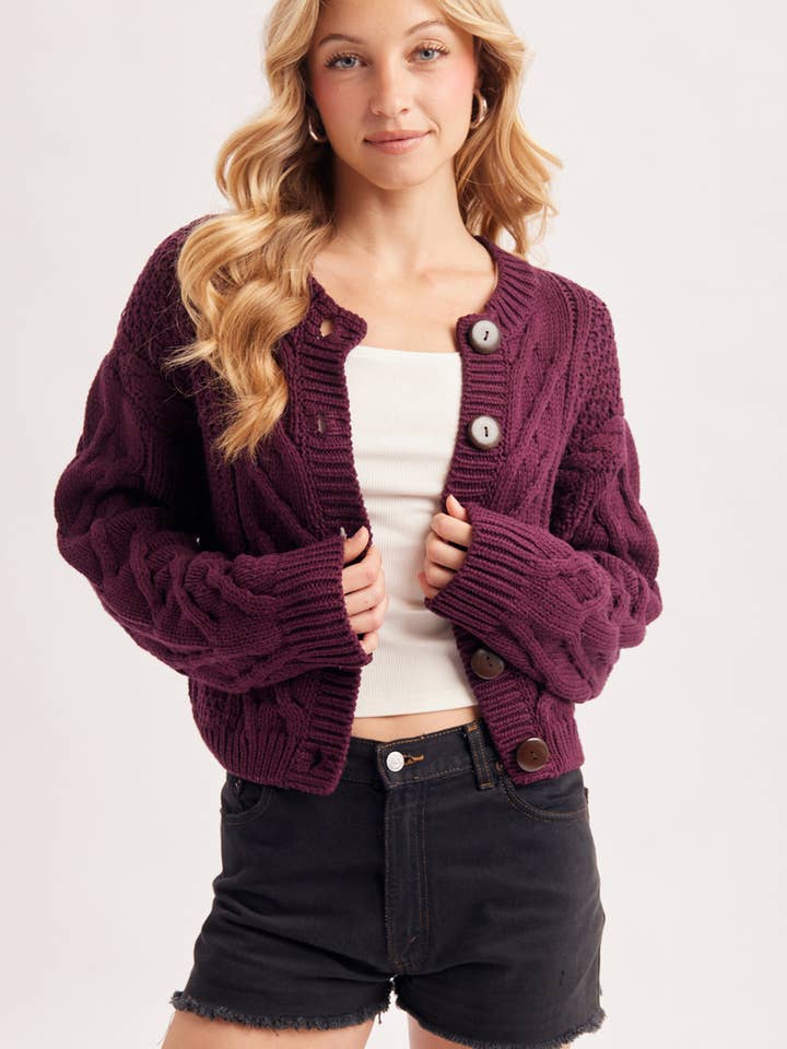 Cropped Button Front Cable Knit Cardigan - Plum