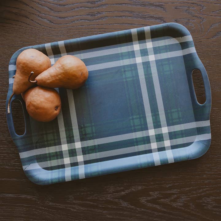 Navy Green Plaid Large Melamine Tray w/ Handles