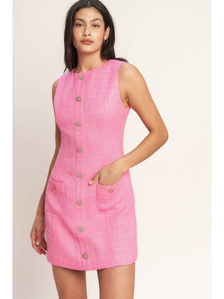Bubblegum Pink Embellished Button Down Tweed Dress