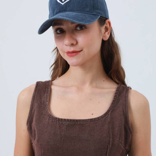 Washed Heart Embroidered Baseball Cap: Soft Adjustable Hat - Navy