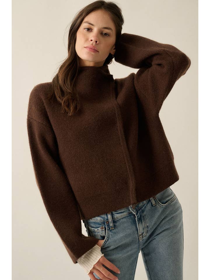 Snap-Front Wrap Sweater Jacket - Chocolate