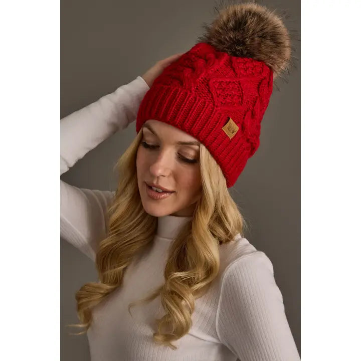 Cable Knit Pom Hat - Red