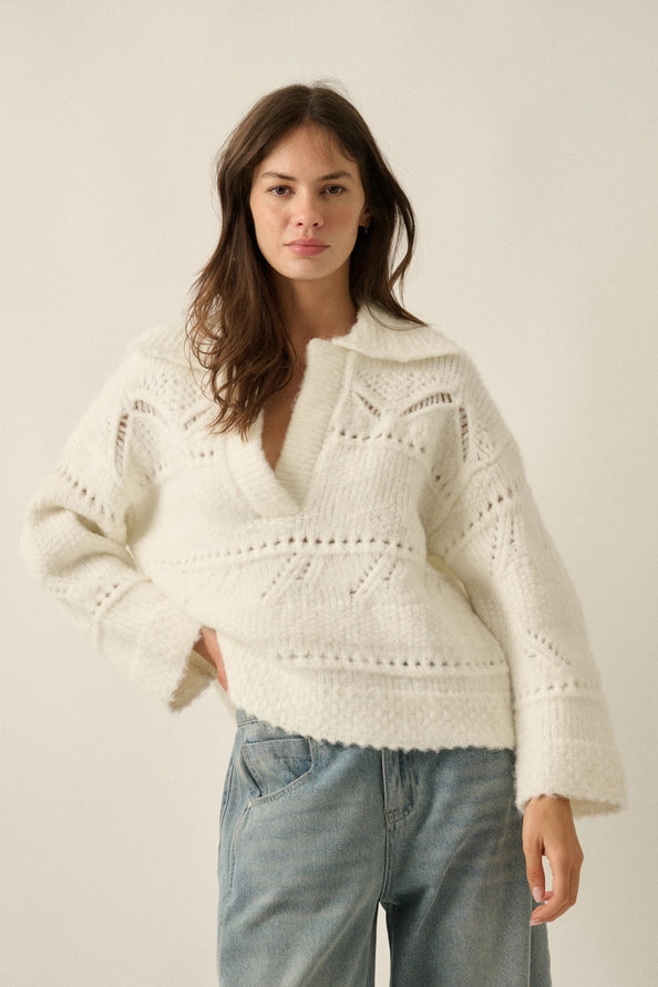 Fuzzy Pointelle Knit Collared Split-Neck Sweater Cream