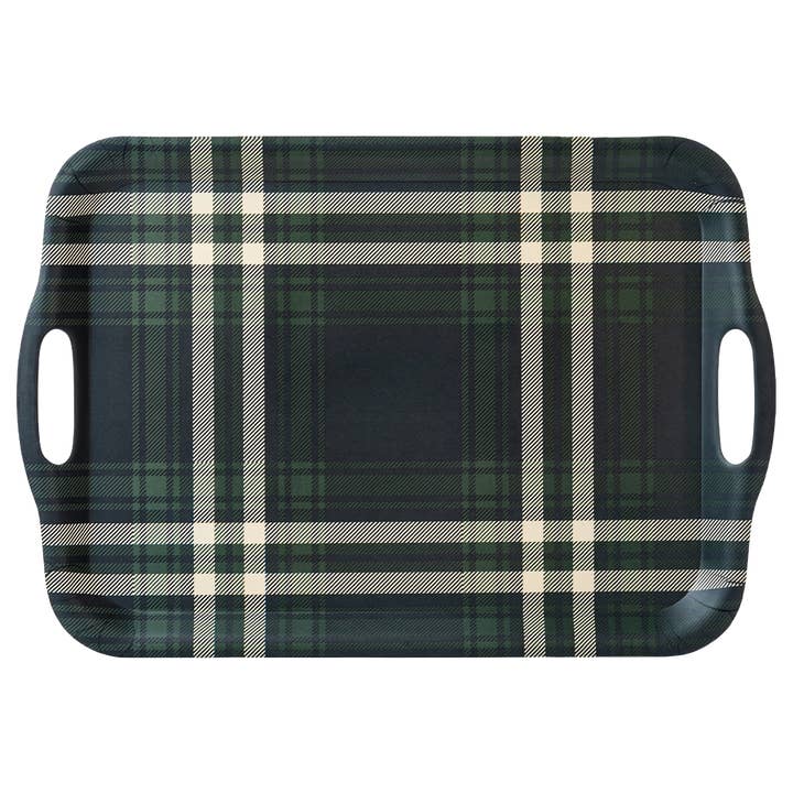Navy Green Plaid Large Melamine Tray w/ Handles