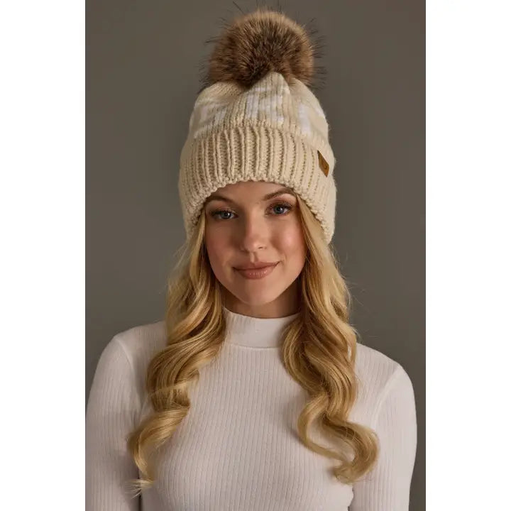 Ski Pom Hat - Light Tan & Ivory