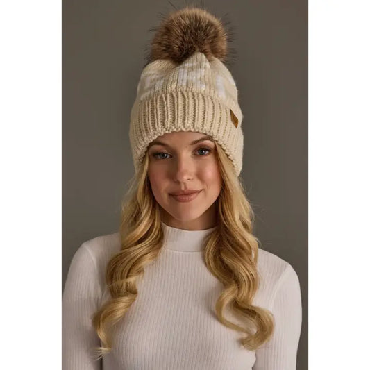 Ski Pom Hat - Light Tan & Ivory