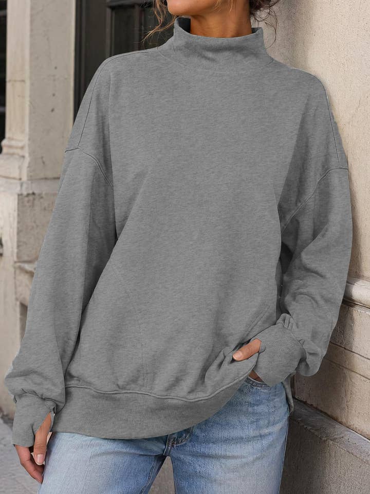 Mock Neck Oversized Women's Sweatshirt Solid Pullover Top